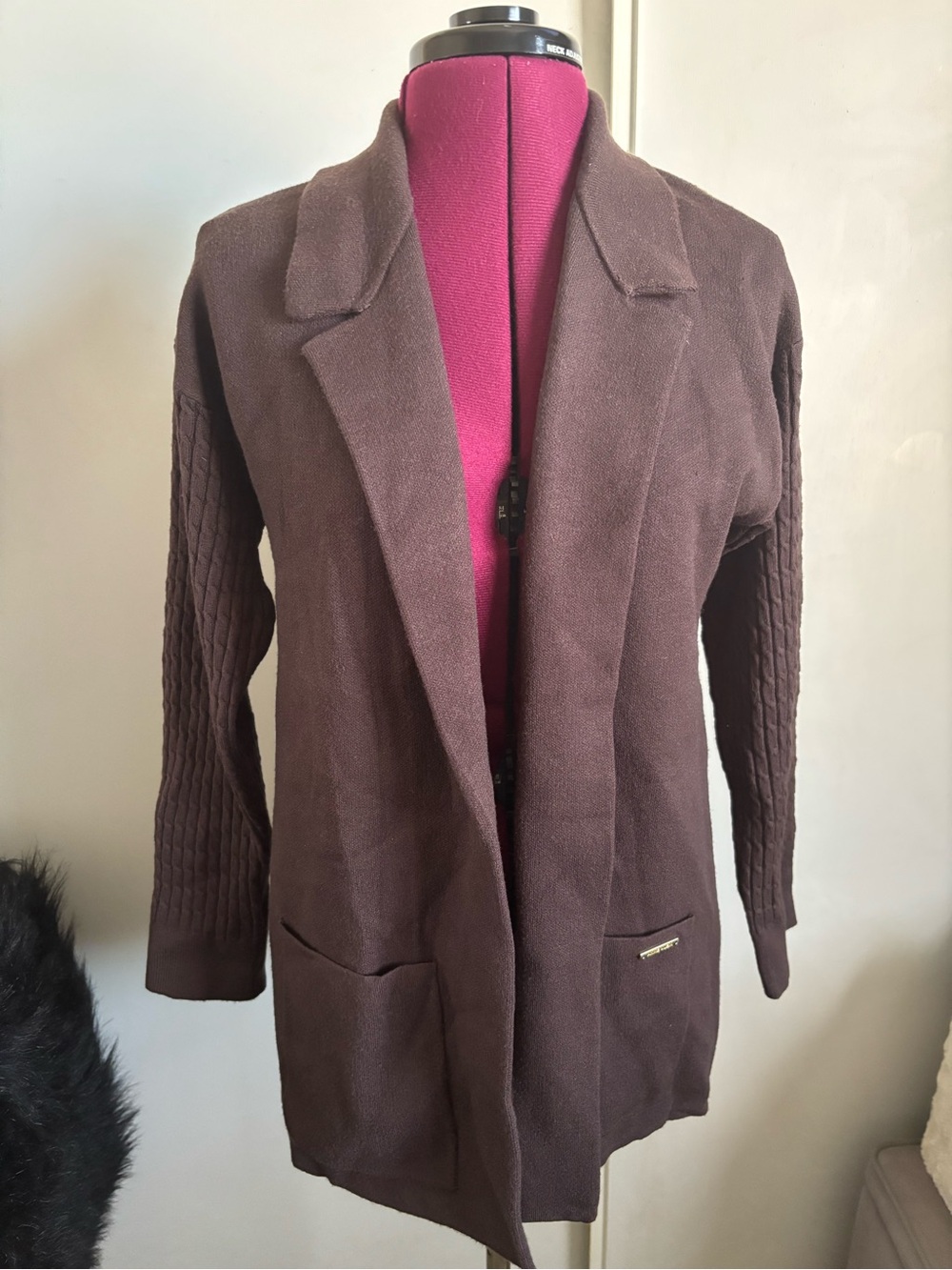 NWT Anne Klein Open Front Cardigan w/ 2 patch pockets, Chocolate Brown, Size Sm